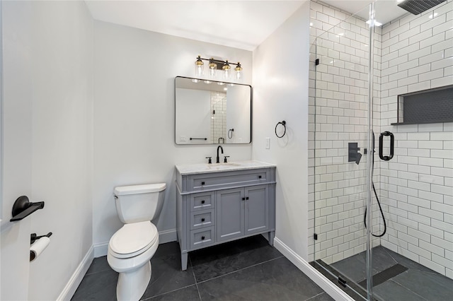 bathroom with toilet, walk in shower, tile patterned floors, and vanity