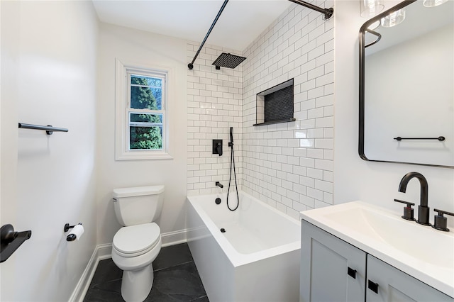 full bathroom featuring tile patterned floors, tiled shower / bath combo, vanity, and toilet