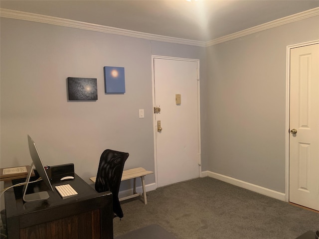 unfurnished office with crown molding and dark carpet