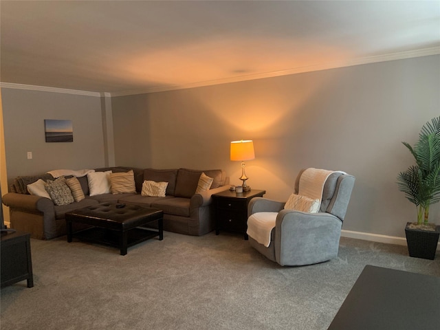 carpeted living room featuring ornamental molding