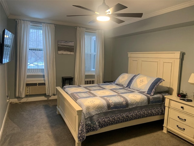 carpeted bedroom with multiple windows, ornamental molding, and ceiling fan