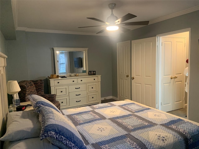 bedroom with crown molding and ceiling fan