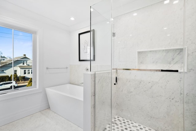 bathroom with independent shower and bath and crown molding