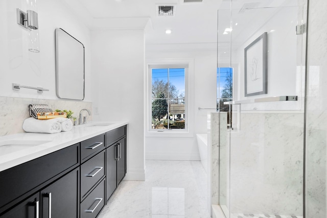 bathroom with vanity, shower with separate bathtub, and ornamental molding