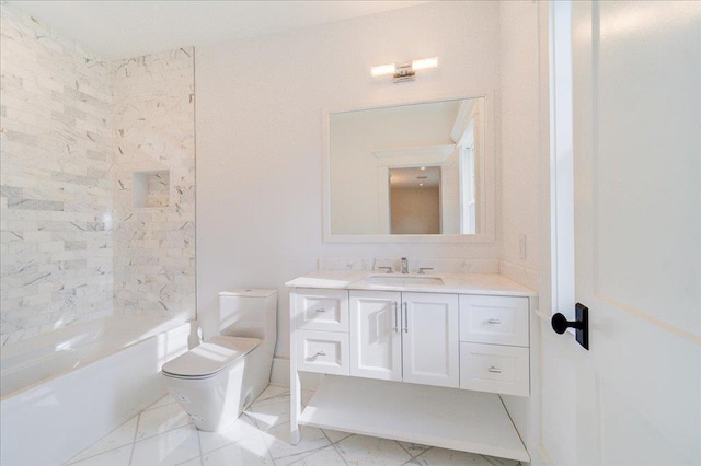 bathroom featuring marble finish floor, shower / bathing tub combination, vanity, and toilet