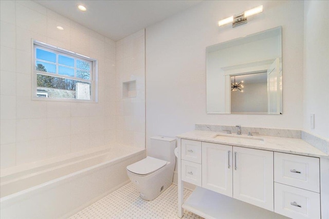 bathroom with shower / bath combination, vanity, toilet, and recessed lighting