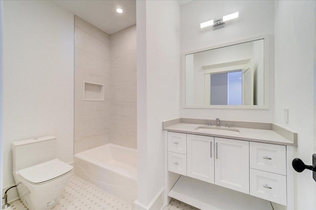 bathroom with a shower, vanity, and toilet