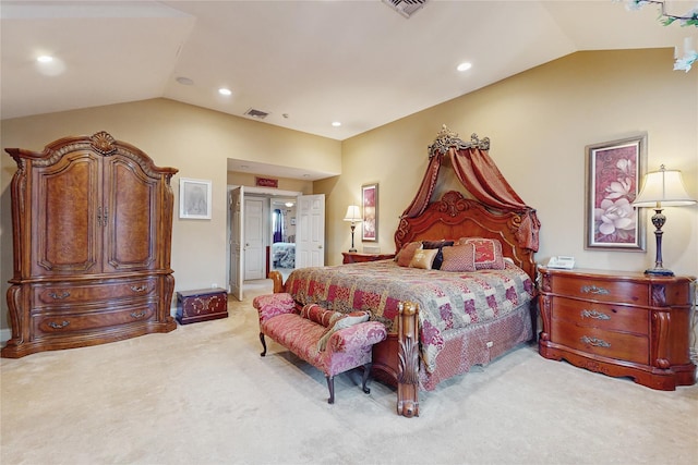 carpeted bedroom featuring vaulted ceiling