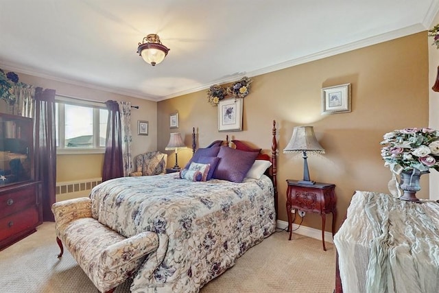 carpeted bedroom with radiator and crown molding