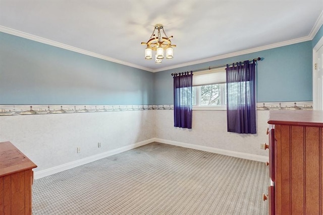 unfurnished room with ornamental molding, light colored carpet, and a notable chandelier