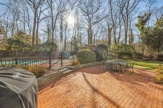 view of patio / terrace featuring a fenced in pool and area for grilling