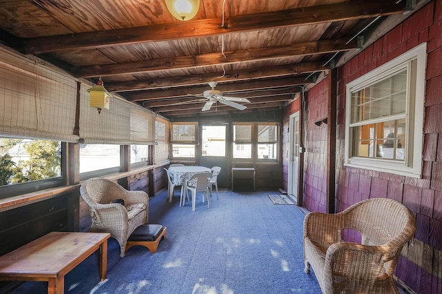 sunroom featuring ceiling fan, wooden ceiling, and beam ceiling