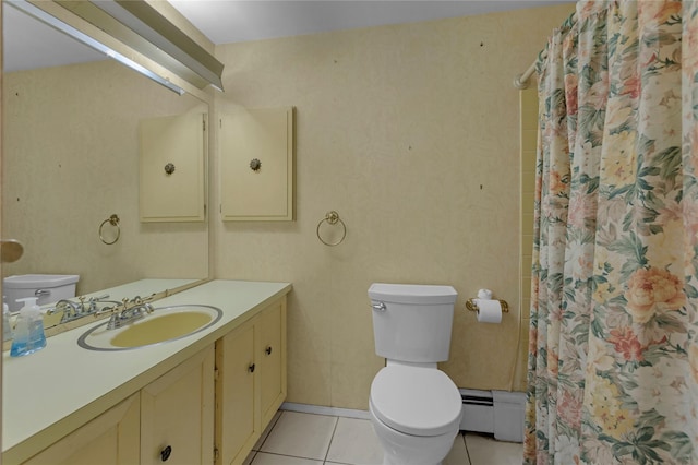 bathroom featuring vanity, a baseboard heating unit, tile patterned flooring, toilet, and a shower with shower curtain