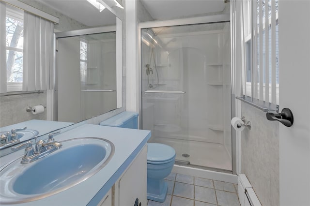 bathroom with vanity, walk in shower, a baseboard heating unit, toilet, and tile patterned floors