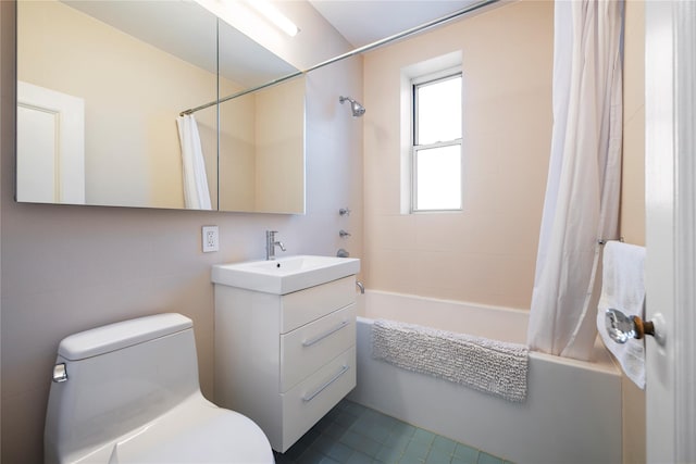 full bathroom featuring vanity, toilet, and shower / bathtub combination with curtain