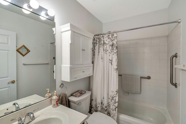 full bathroom with vanity, toilet, and shower / bath combination with curtain