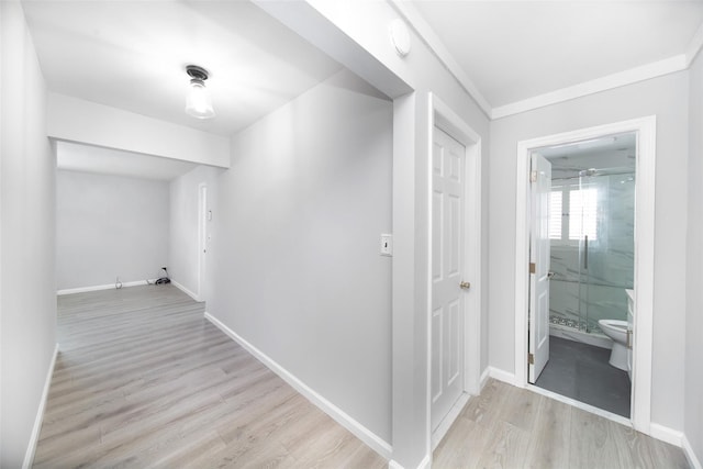 hallway with ornamental molding and light hardwood / wood-style floors