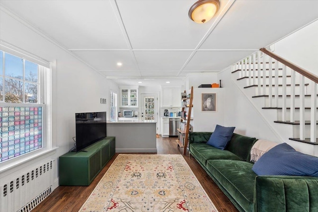 living room with a wealth of natural light, dark hardwood / wood-style floors, radiator, and ornamental molding