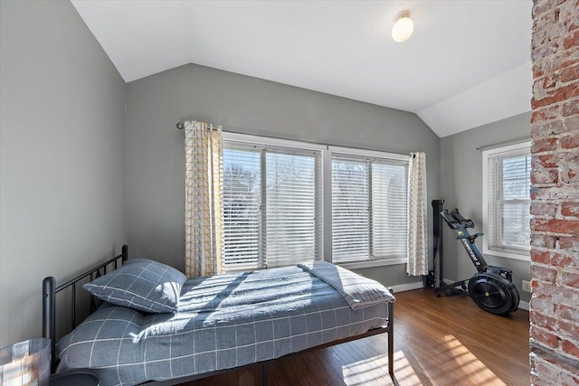 bedroom featuring wood-type flooring, multiple windows, and vaulted ceiling