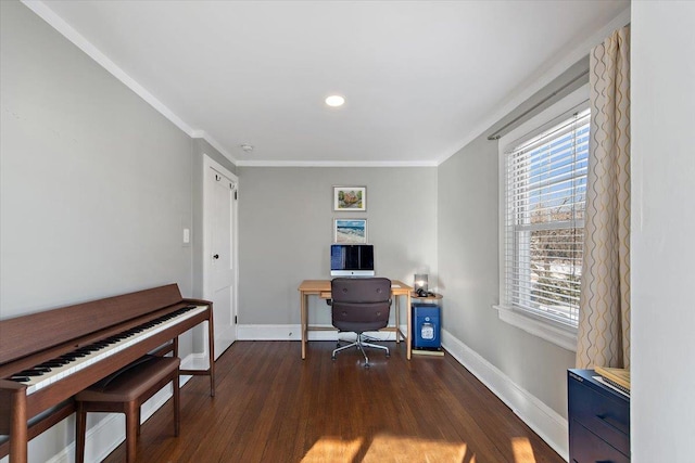 home office featuring dark wood-type flooring and crown molding