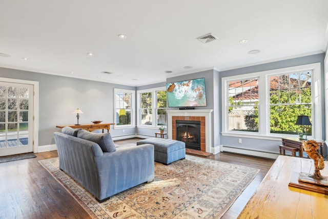 living room featuring crown molding, plenty of natural light, and a baseboard radiator