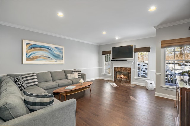 living room featuring crown molding, a fireplace, and dark hardwood / wood-style flooring