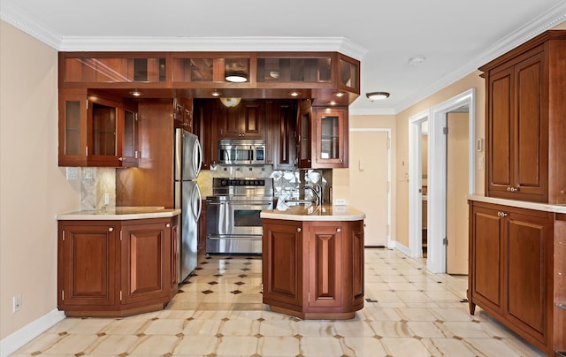 kitchen featuring crown molding, stainless steel appliances, sink, and backsplash