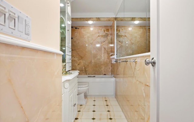 full bathroom featuring bathtub / shower combination, tile walls, ornamental molding, vanity, and toilet