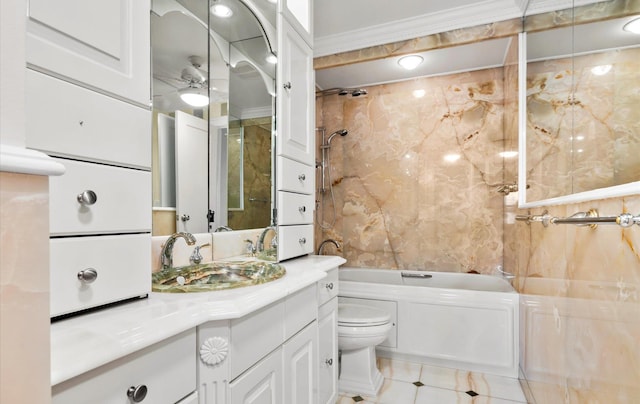 full bathroom with bathtub / shower combination, tile patterned flooring, vanity, ceiling fan, and toilet