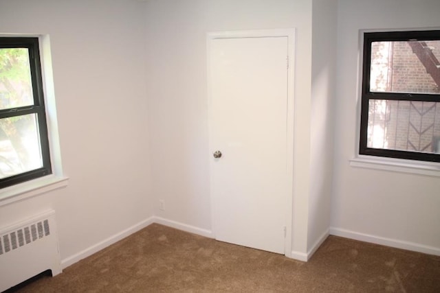 spare room with radiator heating unit and carpet floors