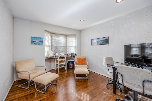 home office with recessed lighting, wallpapered walls, baseboards, and wood finished floors