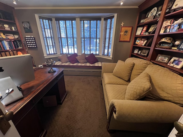 carpeted office with crown molding