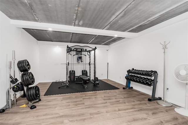 exercise room featuring light wood-type flooring