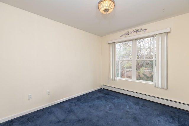 empty room featuring dark colored carpet and a baseboard radiator