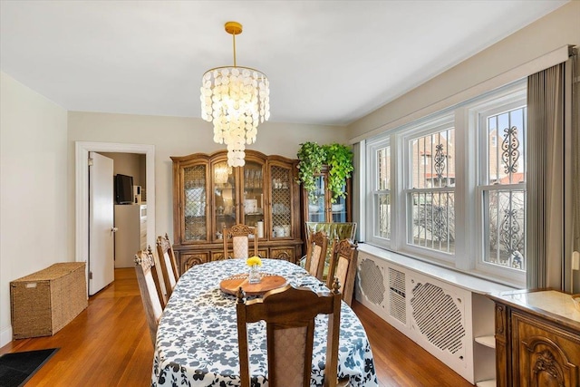 dining space featuring plenty of natural light, radiator, a chandelier, and hardwood / wood-style floors