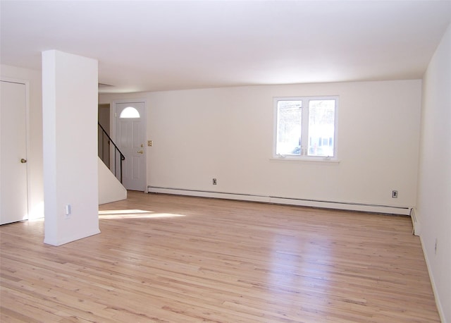 empty room with a baseboard heating unit and light hardwood / wood-style floors