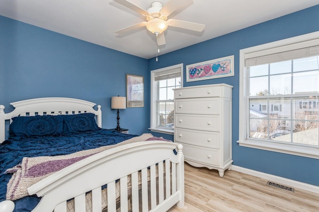 bedroom with ceiling fan and light wood-type flooring