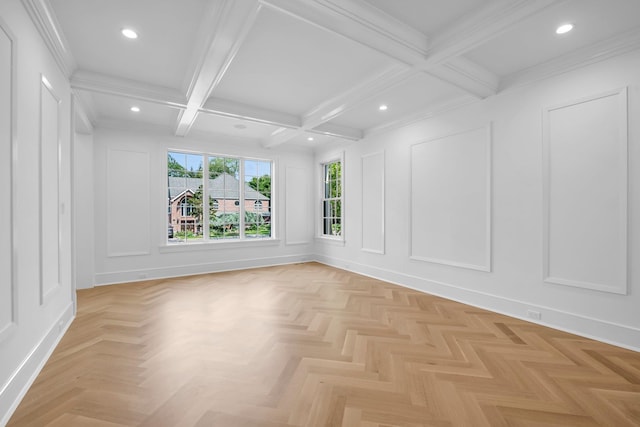85 Dorchester Dr, Manhasset, NY 11030 - unfurnished room featuring a decorative wall, beam ceiling, coffered ceiling, and recessed lighting
