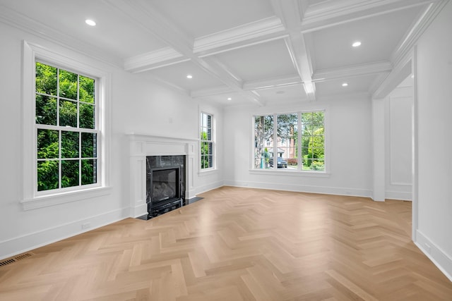 85 Dorchester Dr, Manhasset, NY 11030 - unfurnished living room with plenty of natural light, baseboards, recessed lighting, beamed ceiling, and coffered ceiling
