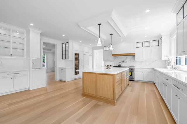 85 Dorchester Dr, Manhasset, NY 11030 - kitchen with high end stove, a sink, light wood-style floors, healthy amount of natural light, and recessed lighting