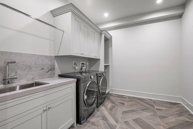85 Dorchester Dr, Manhasset, NY 11030 - laundry room featuring cabinet space, separate washer and dryer, recessed lighting, and baseboards
