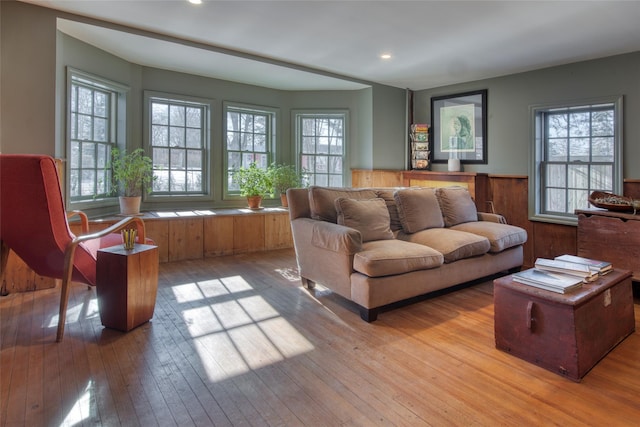 living room featuring plenty of natural light, light hardwood / wood-style flooring, and wood walls