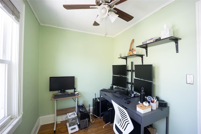 office area with a healthy amount of sunlight, crown molding, and dark hardwood / wood-style flooring