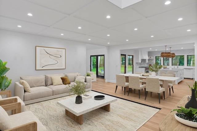 16 Hampton St, Westhampton Beach, NY 11978 - living area with light wood-style floors, plenty of natural light, recessed lighting, and coffered ceiling
