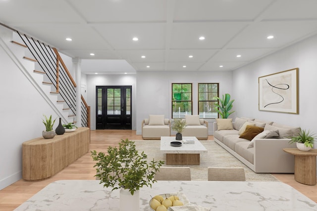 16 Hampton St, Westhampton Beach, NY 11978 - living room featuring light wood-style flooring, recessed lighting, stairway, and coffered ceiling