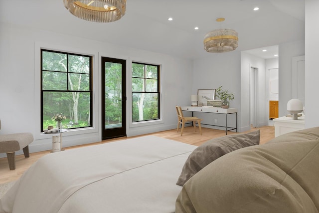16 Hampton St, Westhampton Beach, NY 11978 - bedroom with recessed lighting, light wood finished floors, and a chandelier