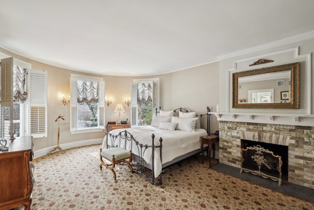 bedroom with a brick fireplace