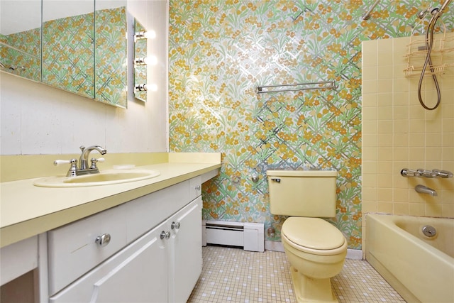 full bathroom with a baseboard radiator, tile patterned flooring, tiled shower / bath combo, vanity, and toilet