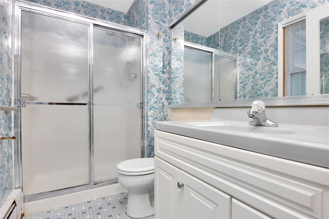 bathroom featuring tile patterned floors, toilet, an enclosed shower, baseboard heating, and vanity