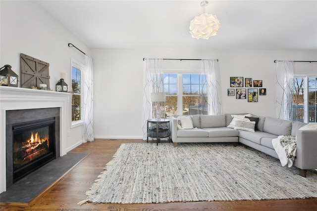 living room with plenty of natural light and dark hardwood / wood-style floors